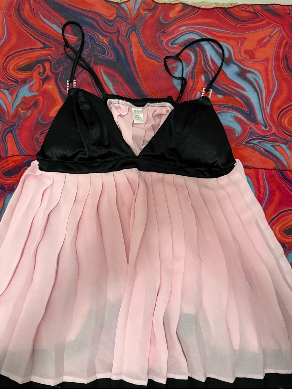 Vintage Y2K Pink & Black Pleated Chiffon Babydoll Camisole Top 🎀🖤
